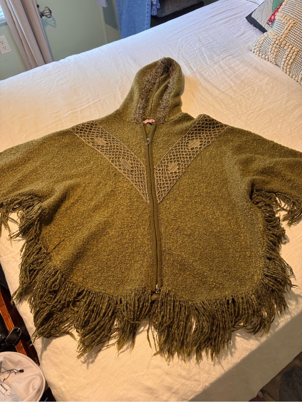 Vintage Olive Hooded Fringe Zip Poncho